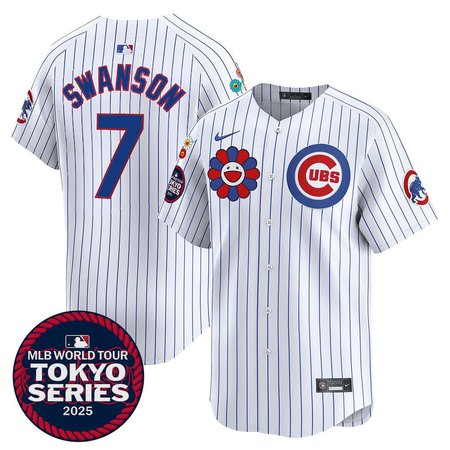 Men's Chicago Cubs #7 Dansby Swanson White Tokyo 2025 Cool Base Stitched Baseball Jersey